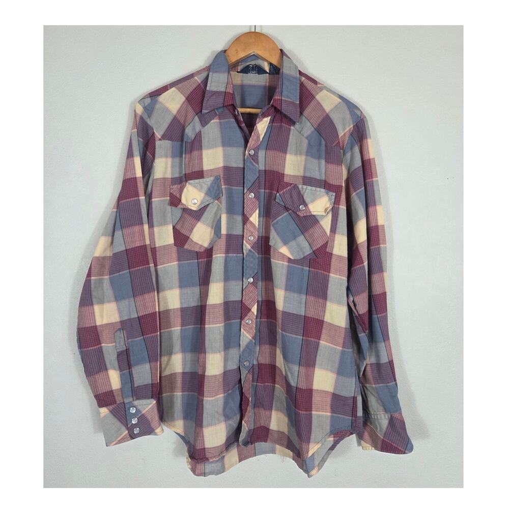 VIP Vintage Men's Pink & Blue Plaid Pearl Snap Western Long Sleeve Shirt Large